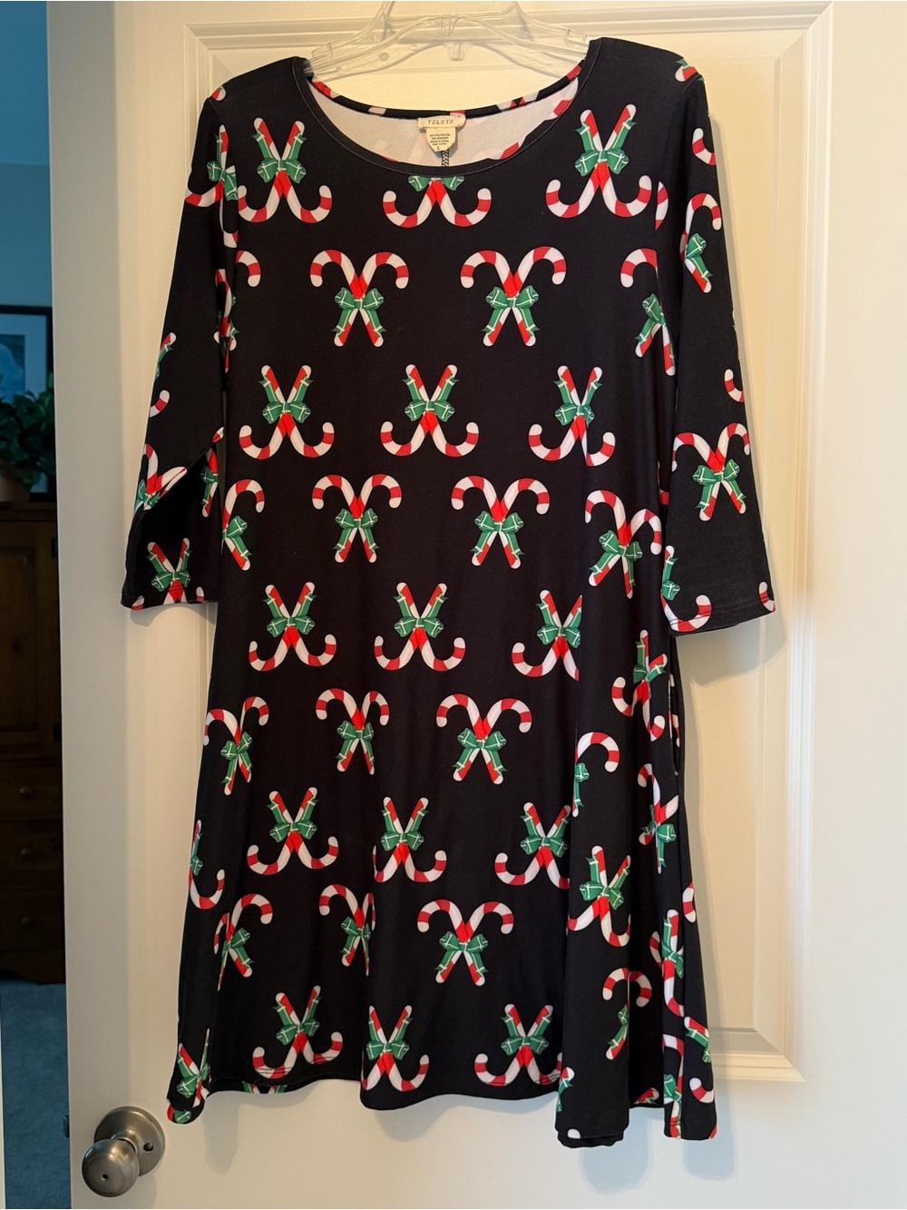 Yelete Black Holiday Candy Cane Print Swing Dress
